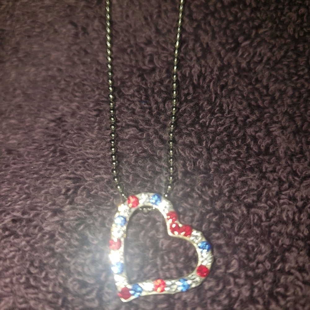 Cookie Lee Patriotic Heart Red White Blue Silver tone necklace Sparkly